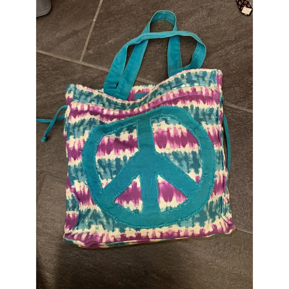 Tie Dye Peace Sign Canvas Tote Bag Purple Teal Boho Hippie Shoulder Bag